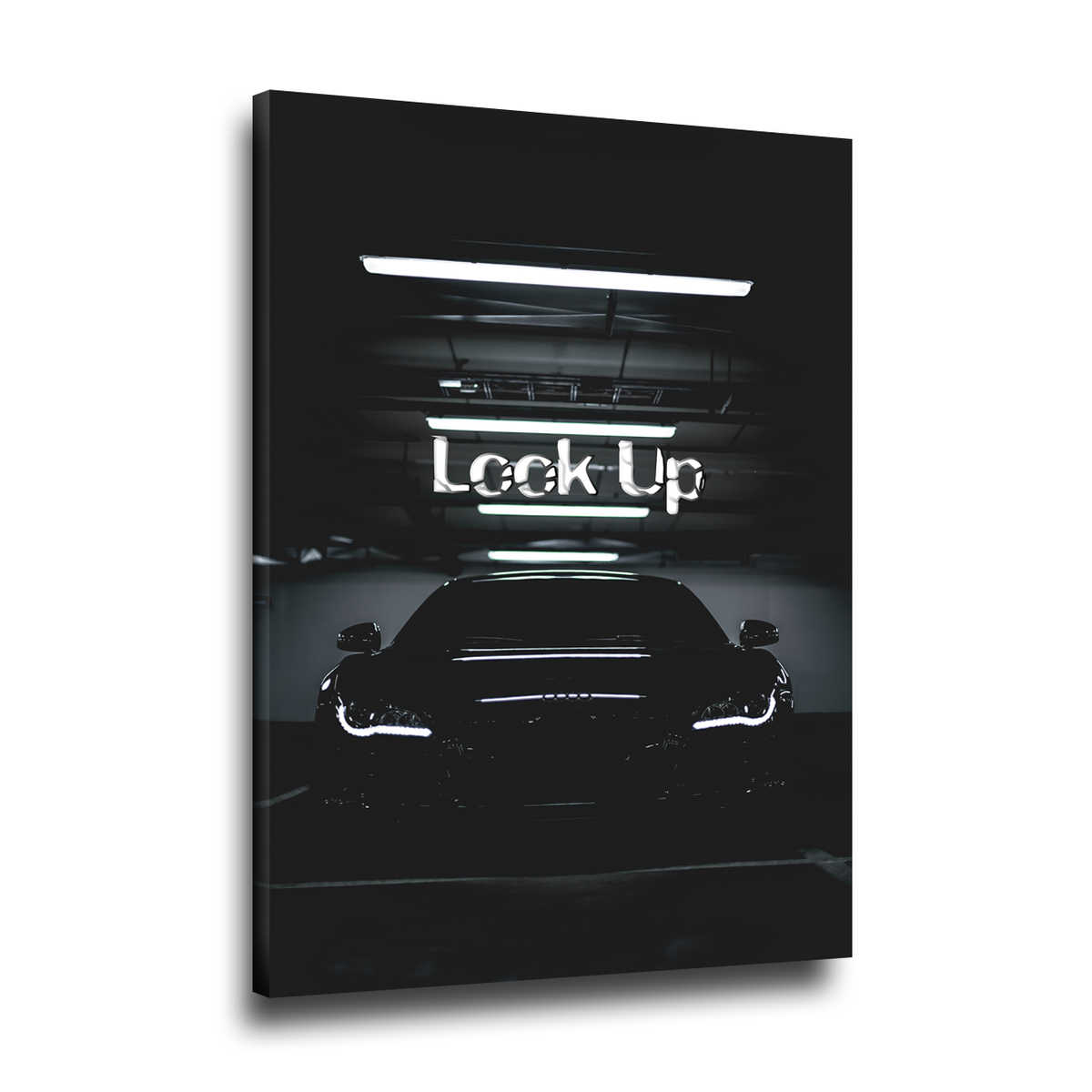 Sportwagen Wandbild mit Neonschriftzug Look Up