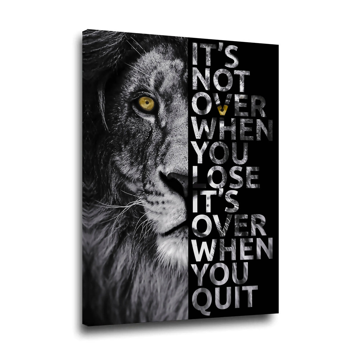 Wandbild Löwe mit gelben Augen und Motivationsspruch