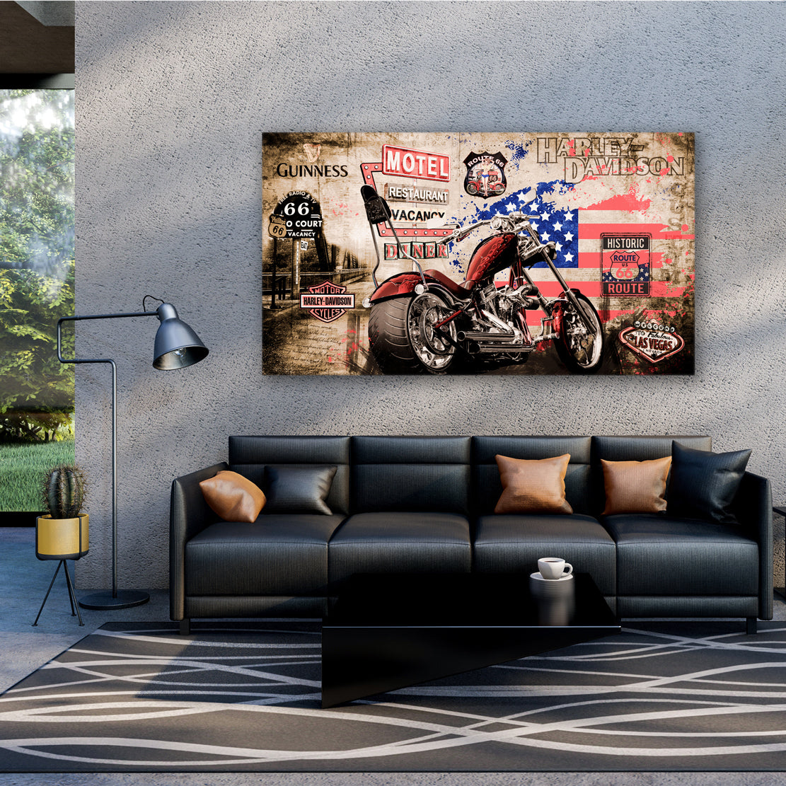 Harley Custom Bike Chopper Motorrad Wandbild Historic Route 66 Retro