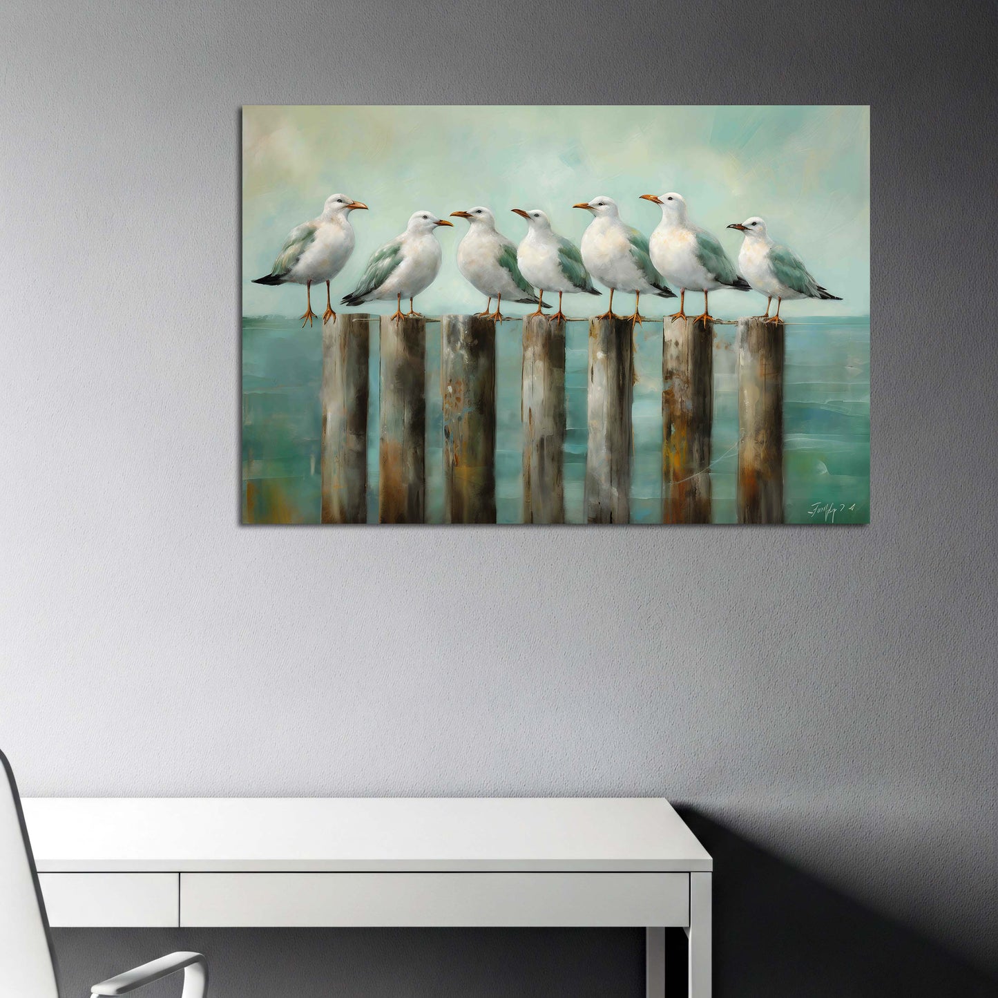 Möwen Meer Pfähle Aquarell maritim Wandbild