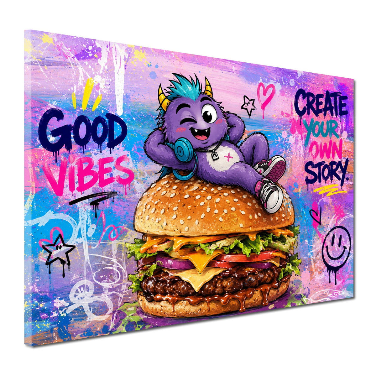 Lila Monster auf Riesenburger im Pop Art Stil Wandbild