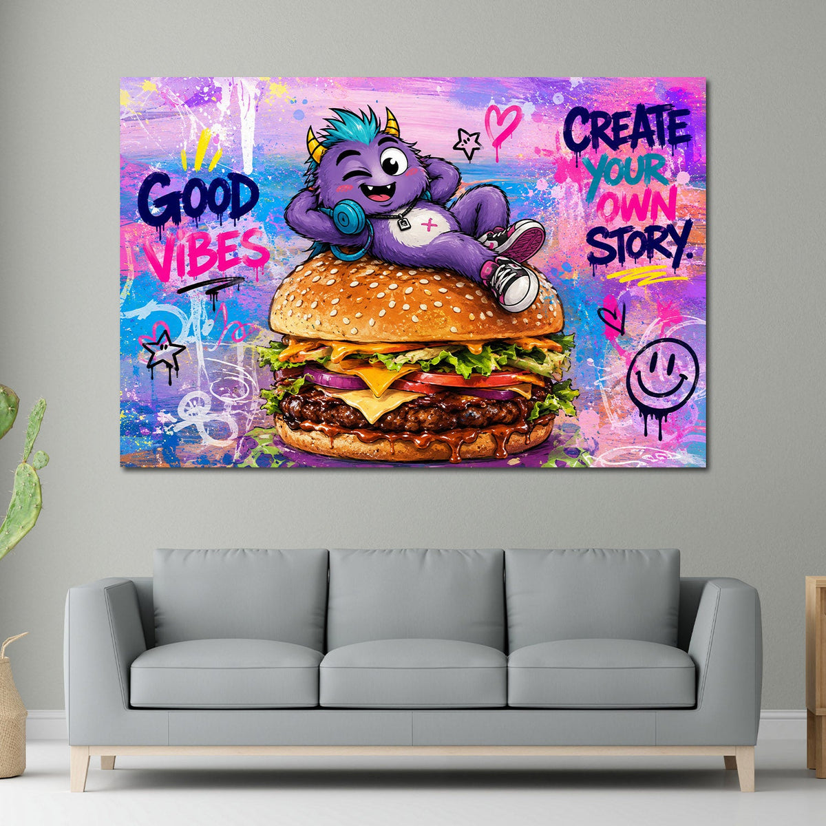 Lila Monster auf Riesenburger im Pop Art Stil Wandbild