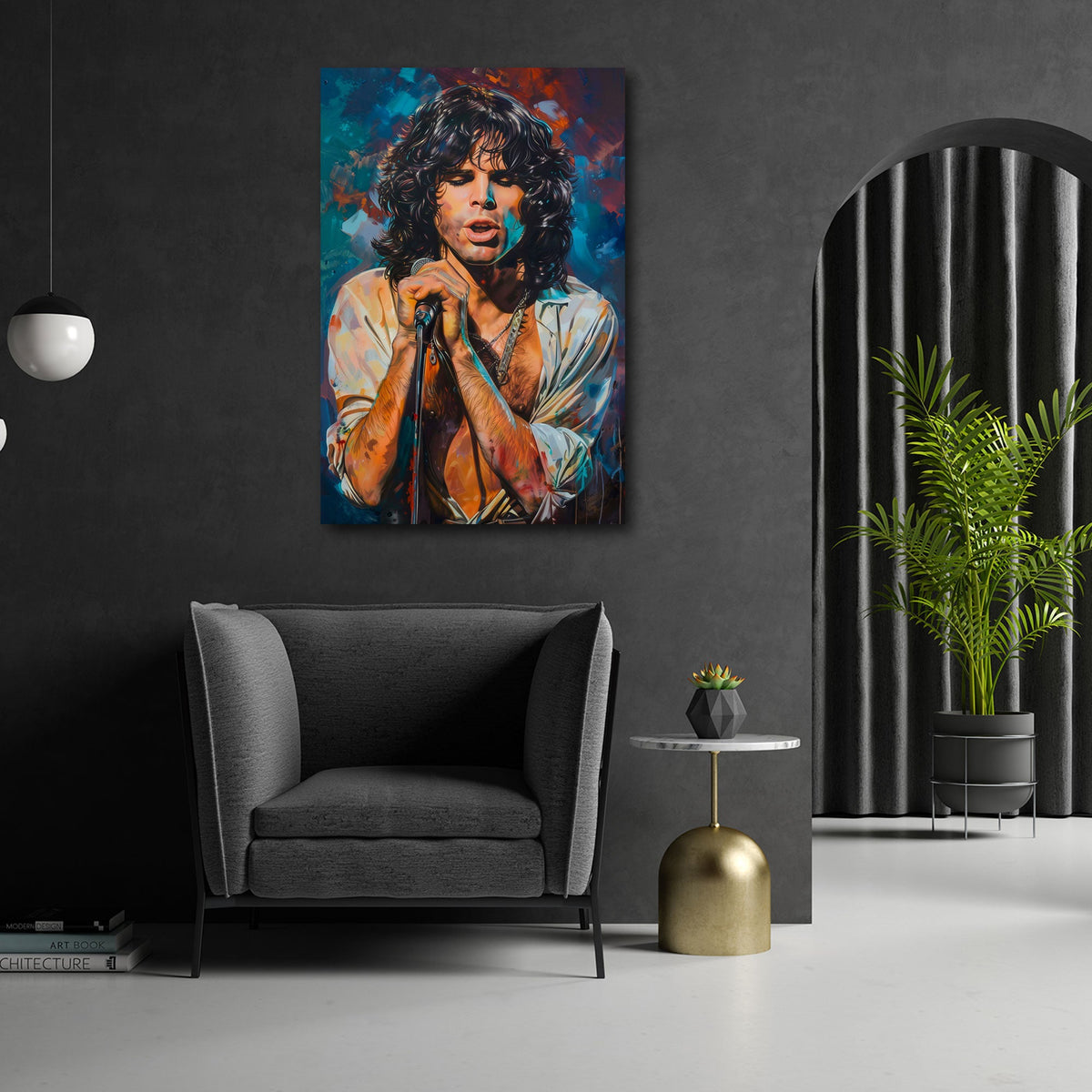 Morrison mit Mikrofon als expressives Porträt Wandbild