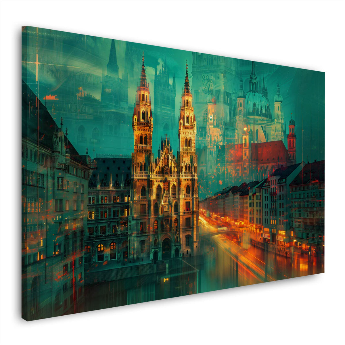 München Rathaus in Doppelbelichtung bei Nacht Wandbild