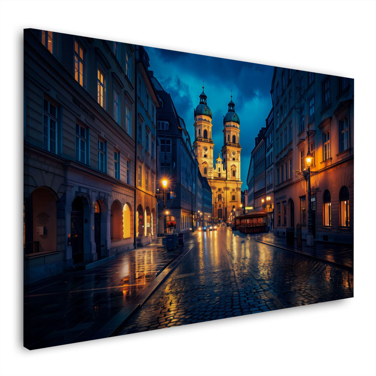 Münchner Altstadtgasse bei Nacht mit Kirchtürmen Wandbild