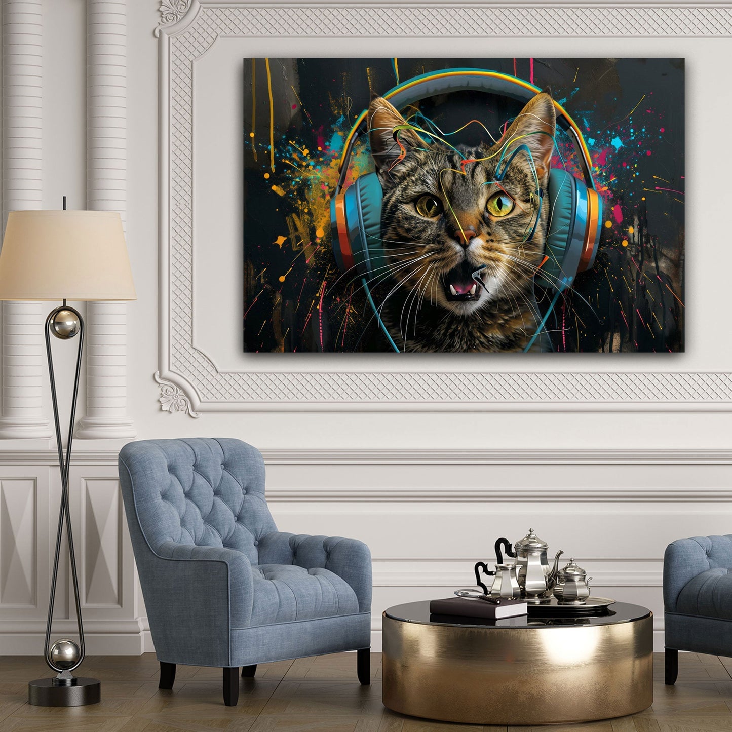 Musikkatze im urbanen Graffiti-Stil in Pastelltönen Wandbild