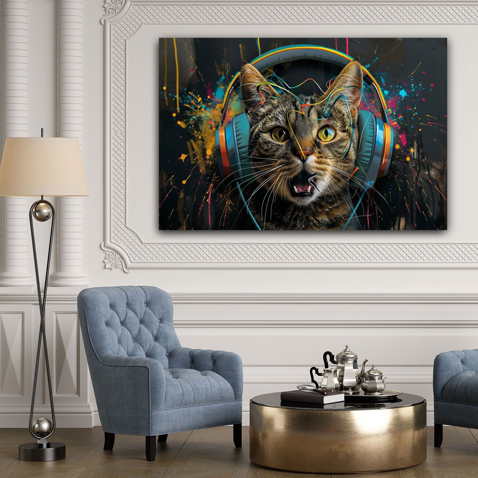 Musikkatze im urbanen Graffiti-Stil in Pastelltönen Wandbild