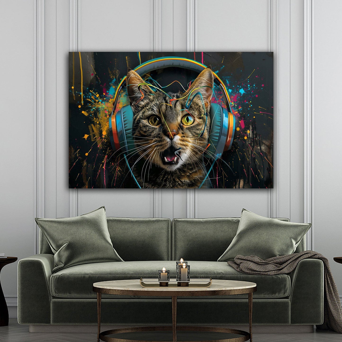 Musikkatze im urbanen Graffiti-Stil in Pastelltönen Wandbild