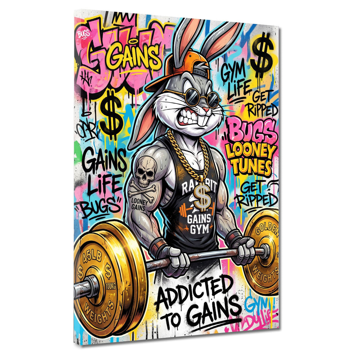 Muskulöser Comic Hase mit goldener Langhantel Fitness Wandbild
