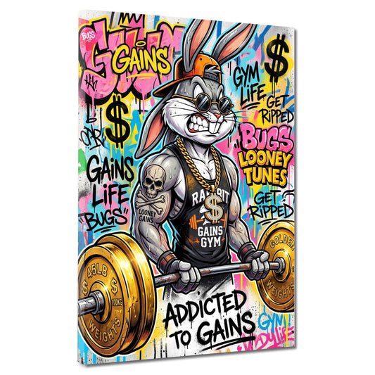 Muskulöser Comic Hase mit goldener Langhantel Fitness Wandbild