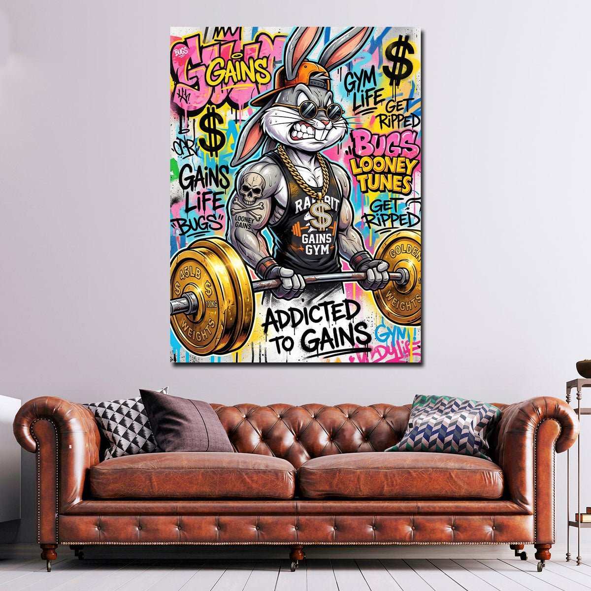 Comic Hase Addicted to Gains Fitness Wandbild im Wohnzimmer