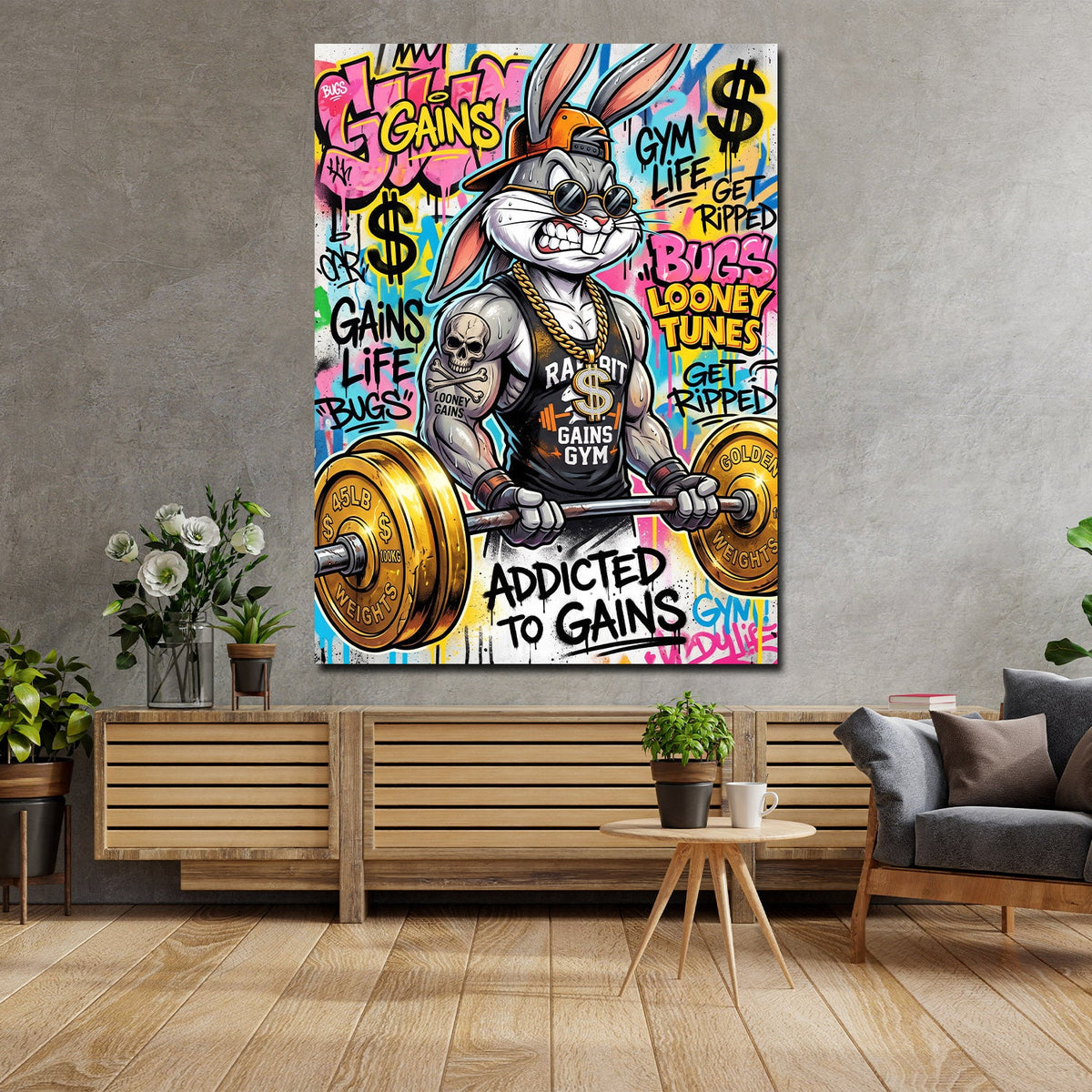 Comic Hase Addicted to Gains Fitness Wandbild an der Wand im Raum