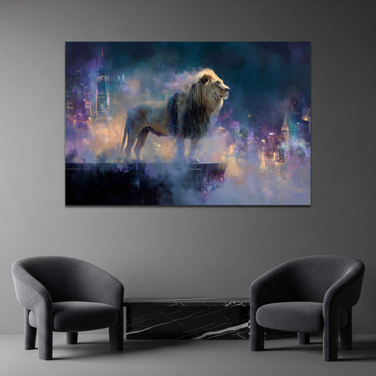 Mystischer Löwe mit New York Skyline und Nebel Wandbild