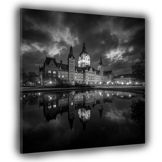 Neues Rathaus Hannover schwarz weiß Spiegelung Himmel Wandbild