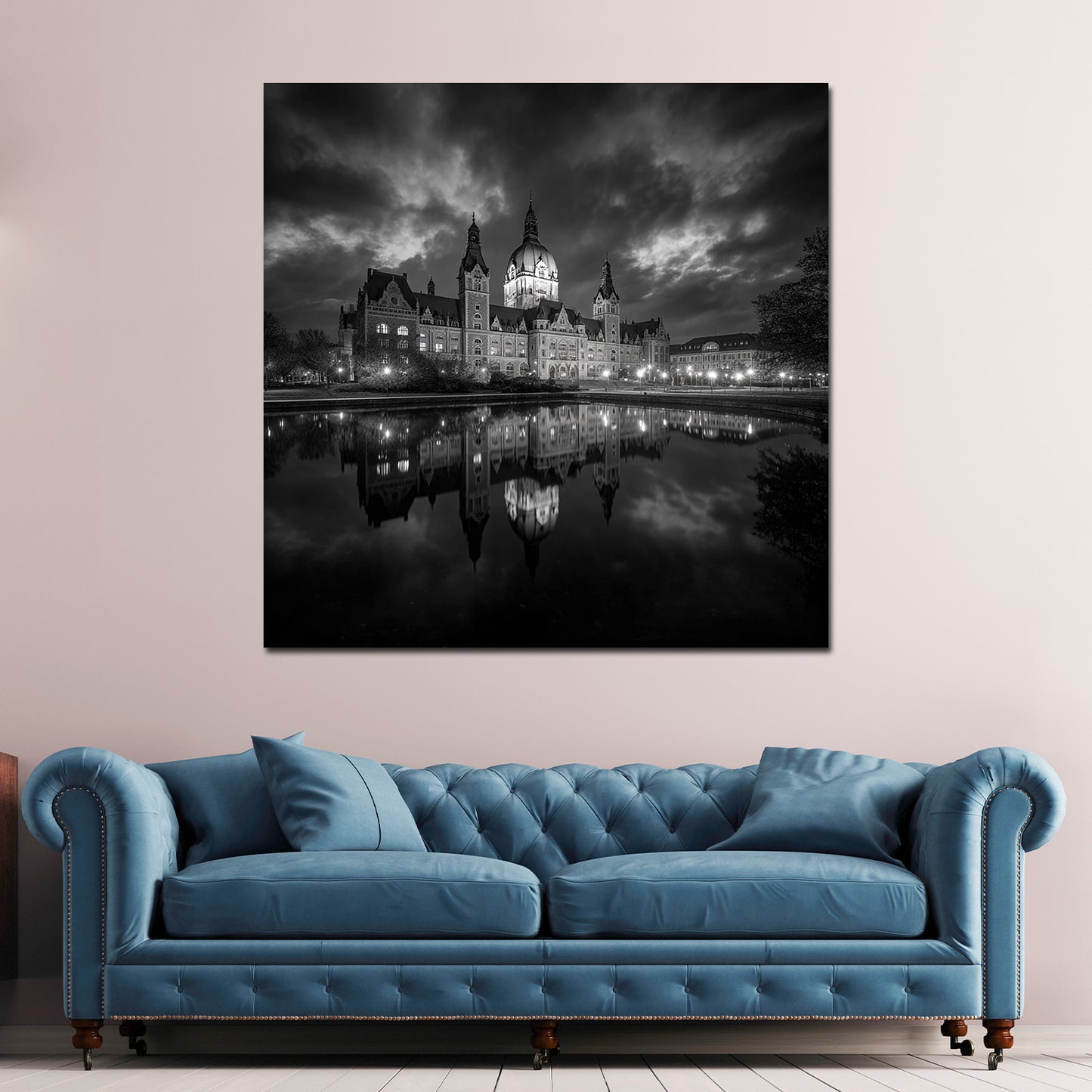 Neues Rathaus Hannover schwarz weiß Spiegelung Himmel Wandbild