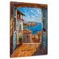 Offenes Fenster mit Blick auf das Meer und Dorf – Wandbild