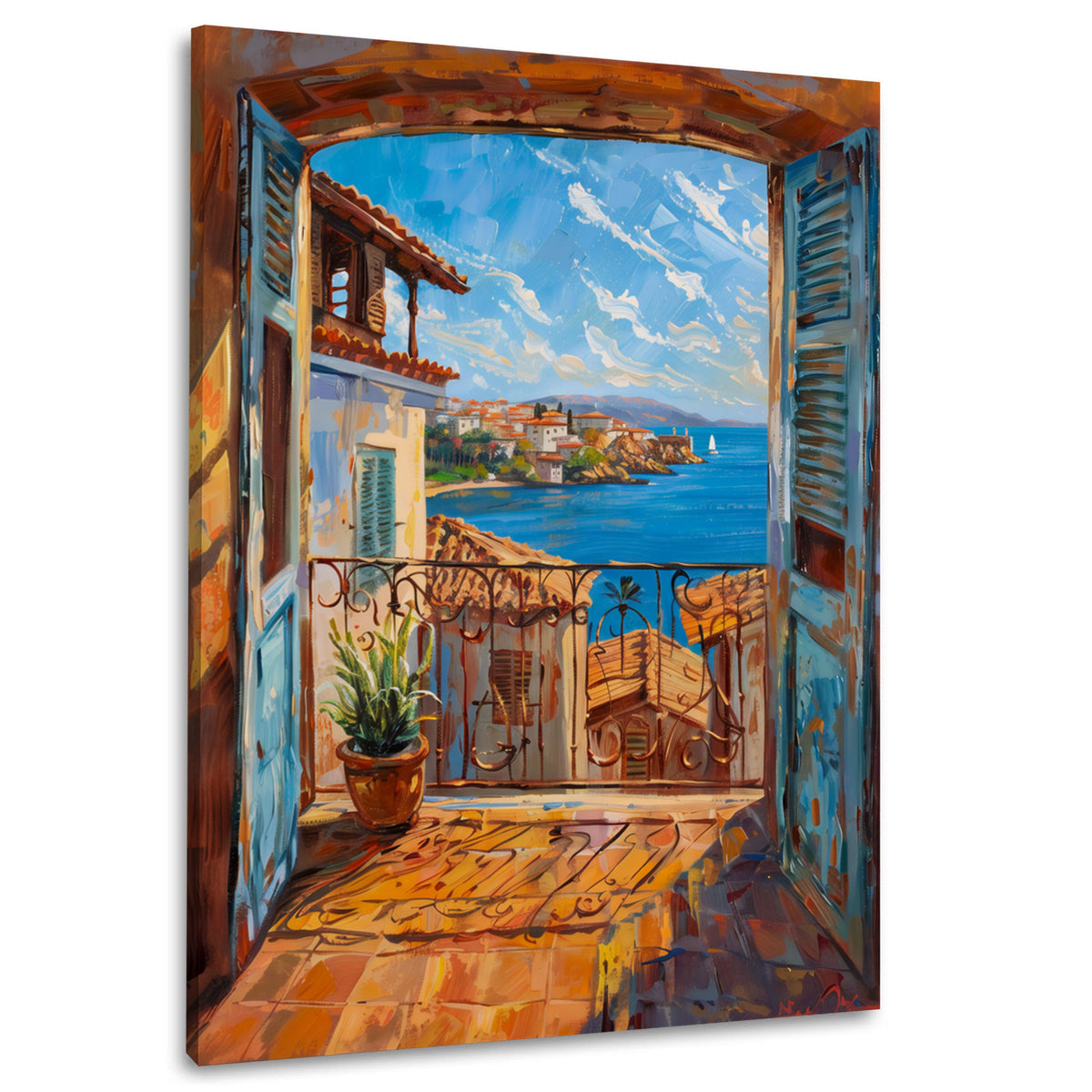 Offenes Fenster mit Blick auf das Meer und Dorf – Wandbild