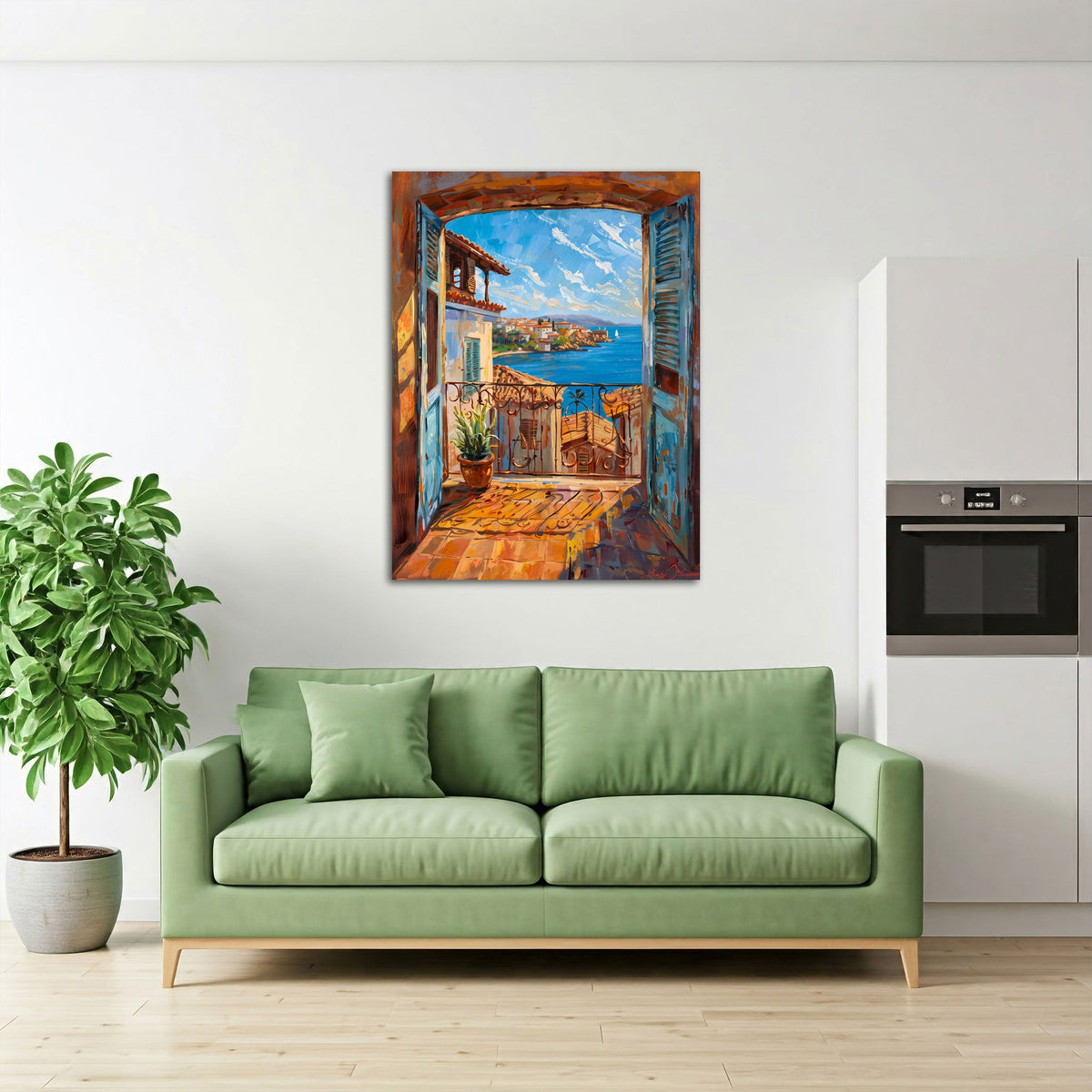 Mediterranes Fenster Wandbild mit Meerblick über einem Sofa im Wohnraum