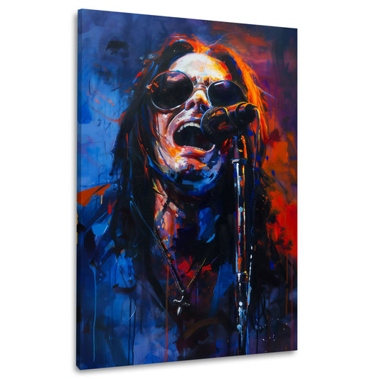 Ozzy mit Sonnenbrille singt am Mikrofon expressives Wandbild