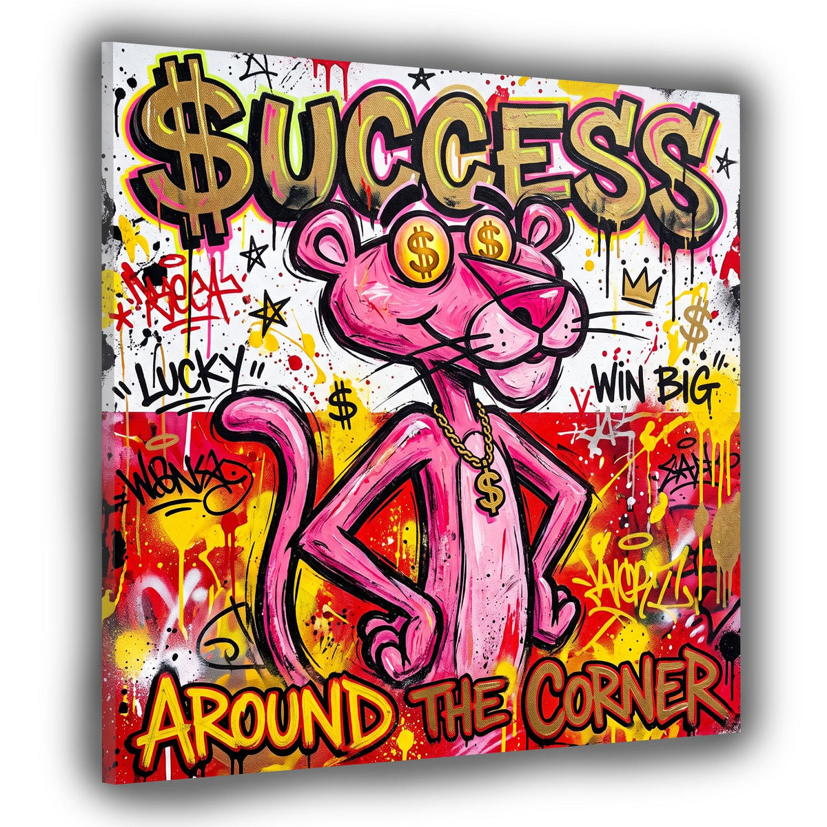 Panther in Rosa mit Dollar-Augen Success Around the Corner Pop Art Wandbild