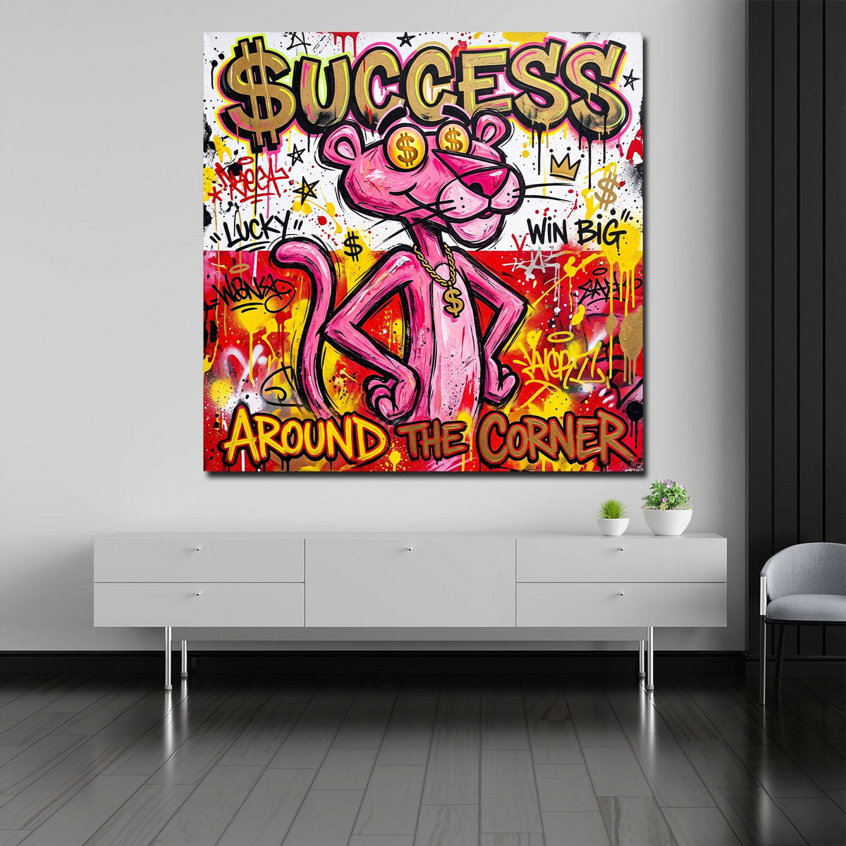 Rosa Panther Success Pop Art Wandbild an der Wand im Raum