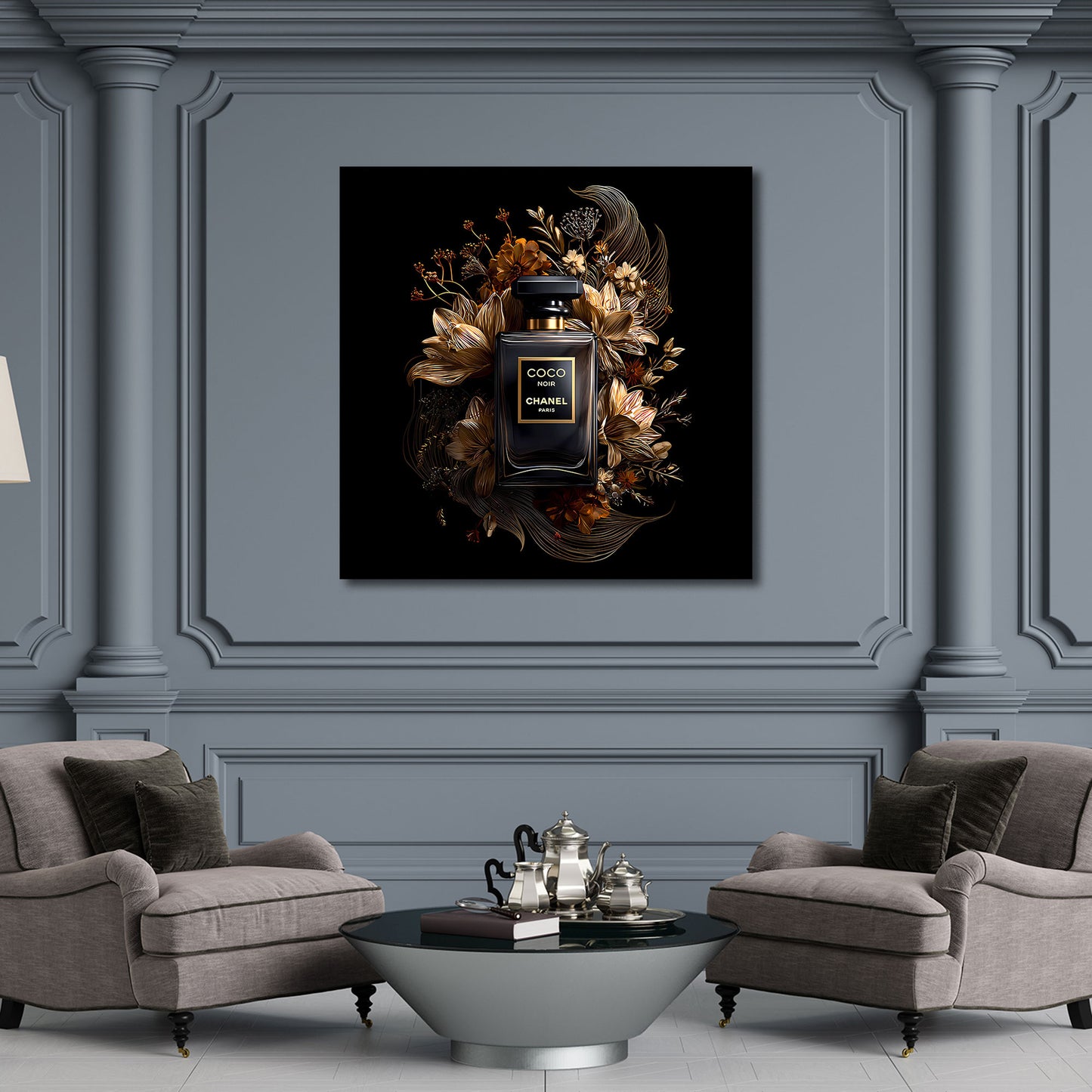 Parfumflakon schwarz gold Blüten Luxus Wandbild