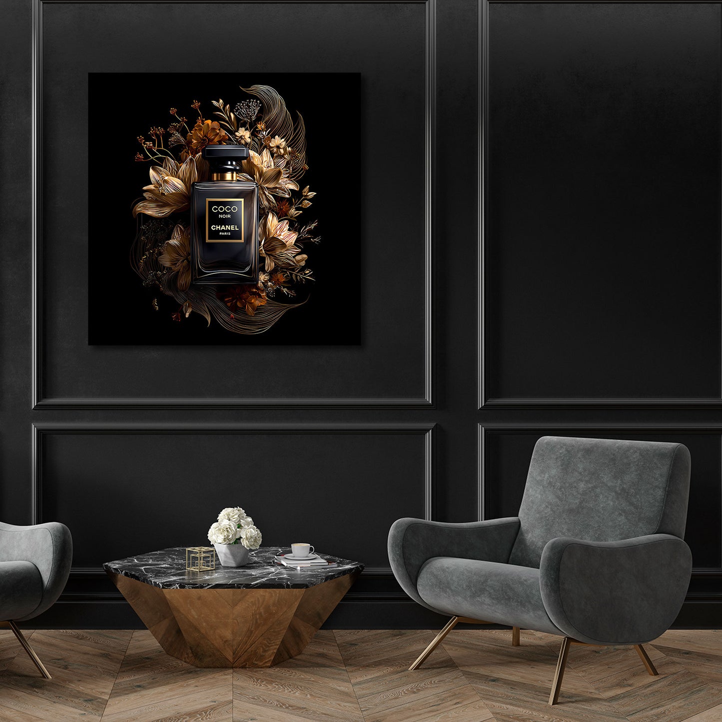 Parfumflakon schwarz gold Blüten Luxus Wandbild