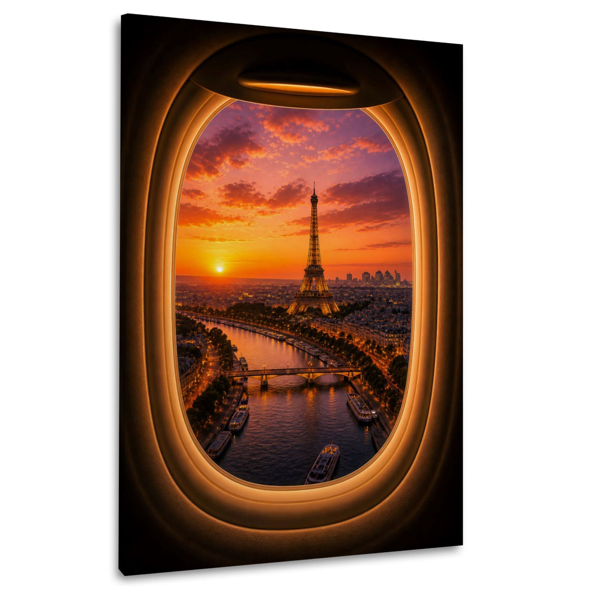 Paris mit Eiffelturm aus dem Flugzeugfenster Wandbild im Hochformat