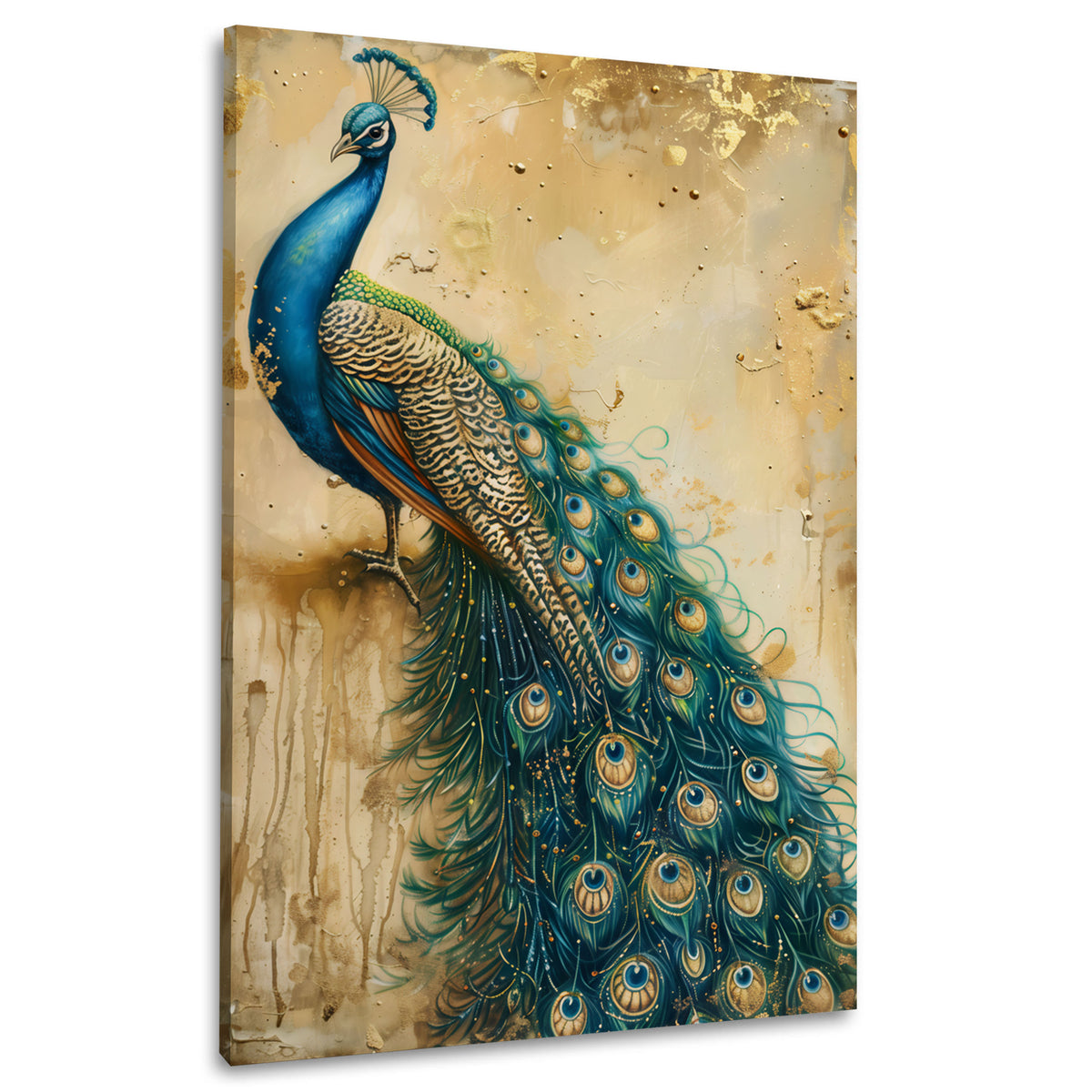 Pfau Portrait in Gold und Türkis Pastelltönen Wandbild