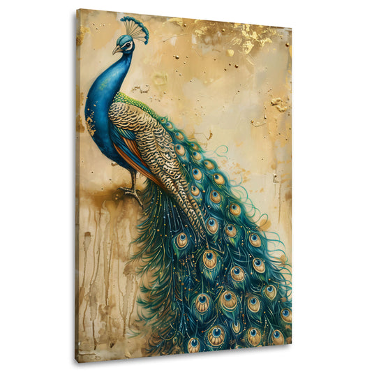 Pfau Portrait in Gold und Türkis Pastelltönen Wandbild