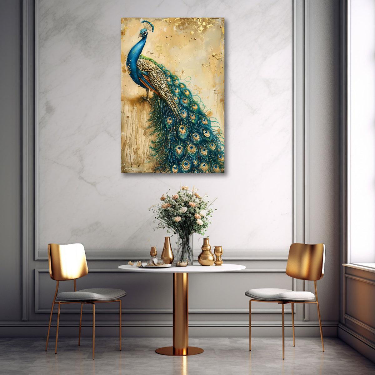 Pfau Portrait in Gold und Türkis Pastelltönen Wandbild