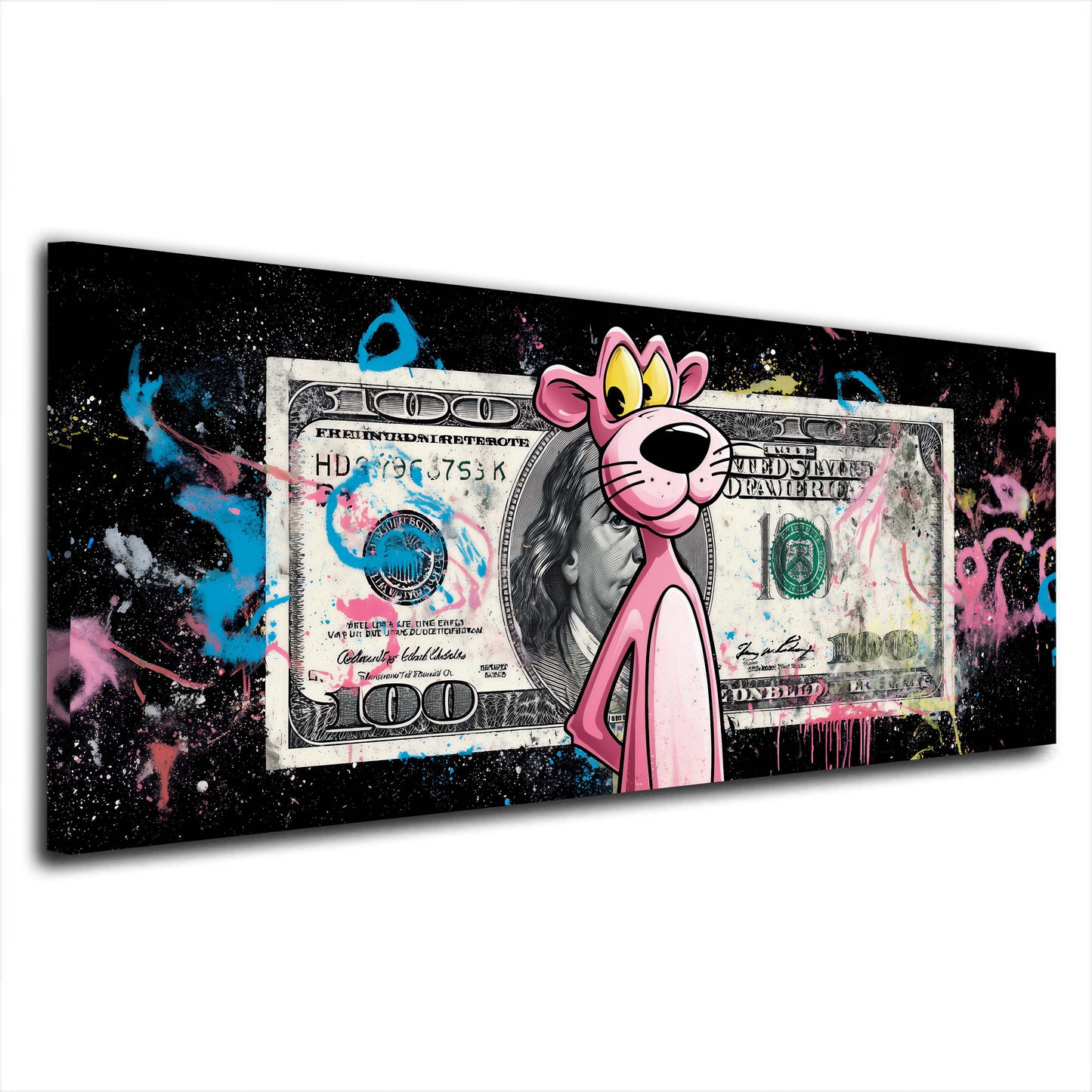 Pink Panther vor Dollarschein auf schwarzem Grund Wandbild