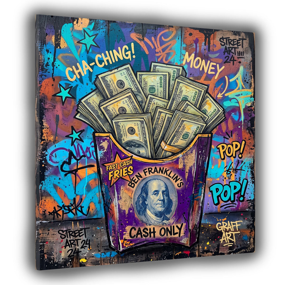 Lila Pommes Box mit Dollarscheinen Cha Ching Pop Art Wandbild