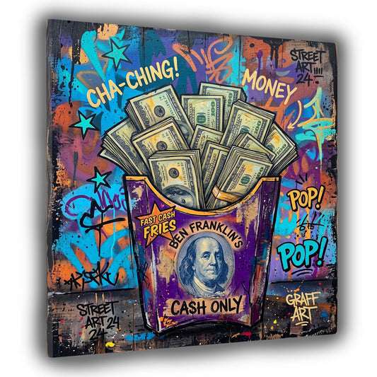 Lila Pommes Box mit Dollarscheinen Cha Ching Pop Art Wandbild