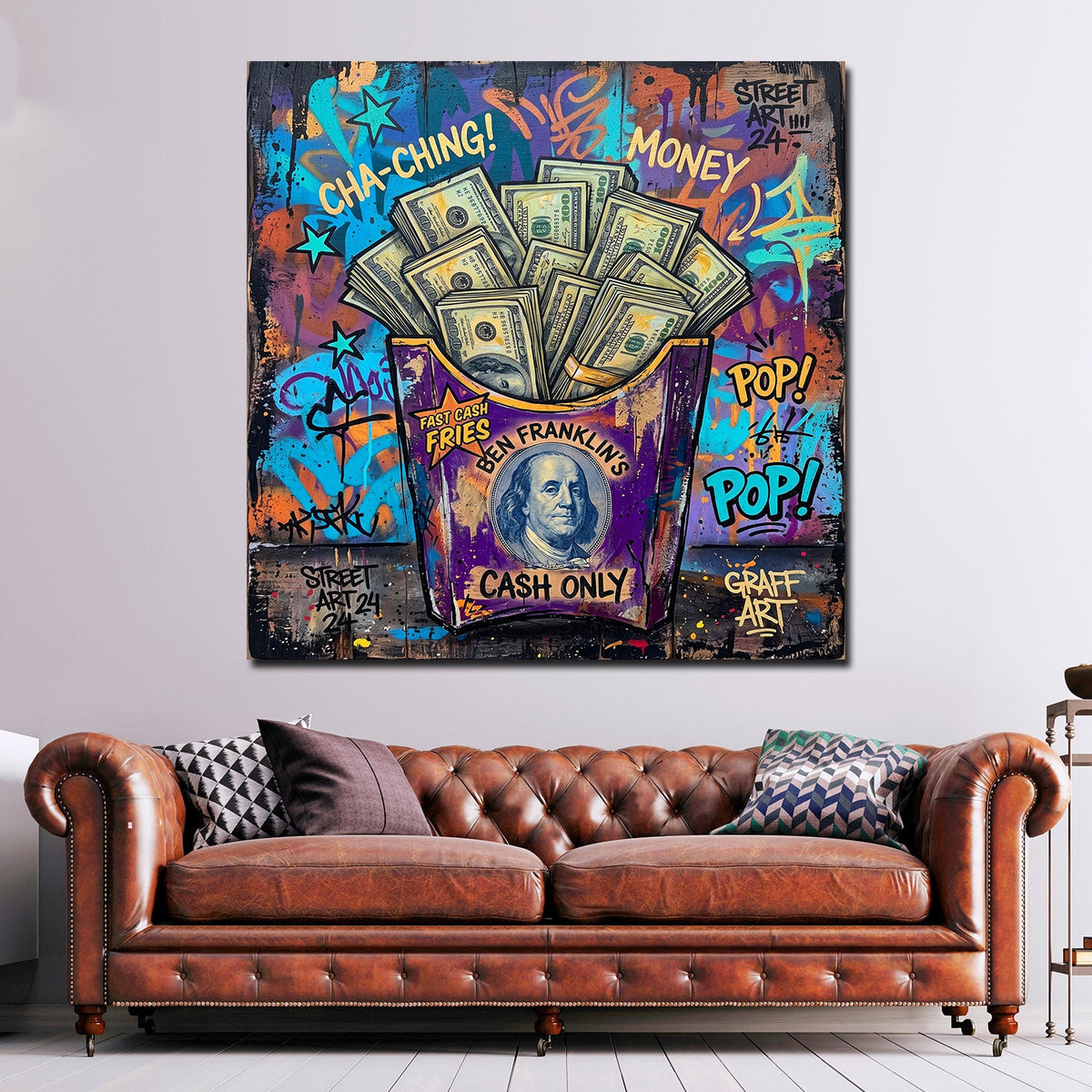Pommes Box Dollar Cha Ching Wandbild im Wohnzimmer