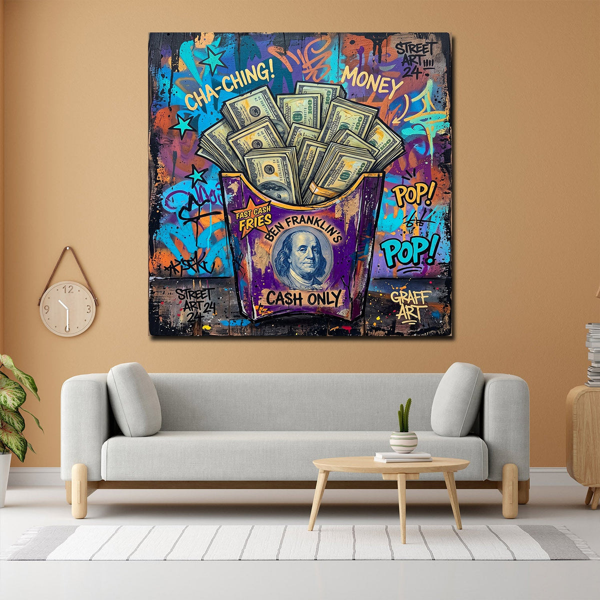 Pommes Box Dollar Cha Ching Wandbild an der Wand im Raum