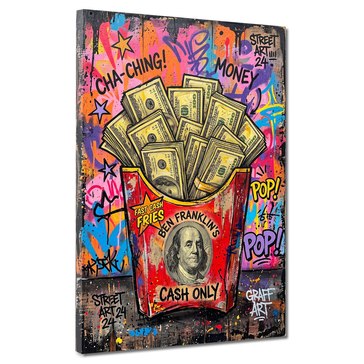 Rote Pommes Tüte voller Dollarscheine Cash Only Pop Art Wandbild