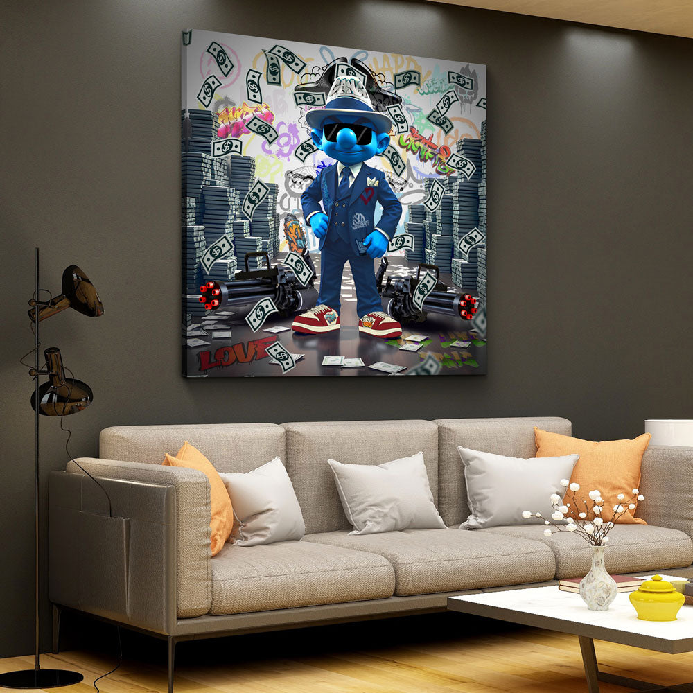 Pop Art Cool Blue Man im Anzug mit Geld Macht Wandbild