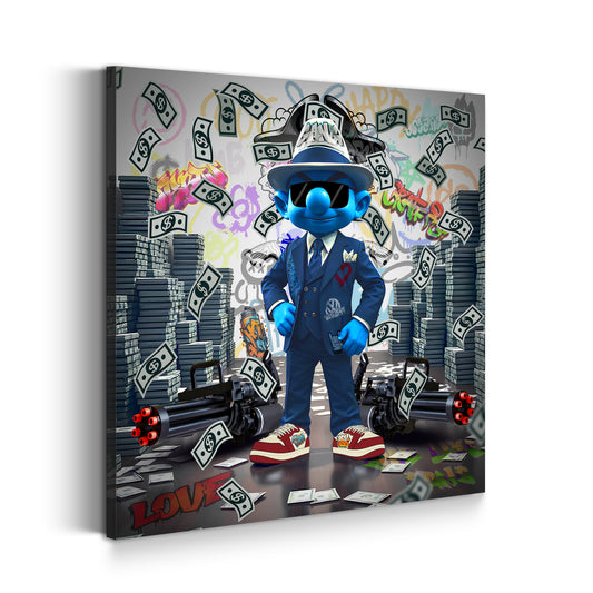 Pop Art Cool Blue Man im Anzug mit Geld Macht Wandbild