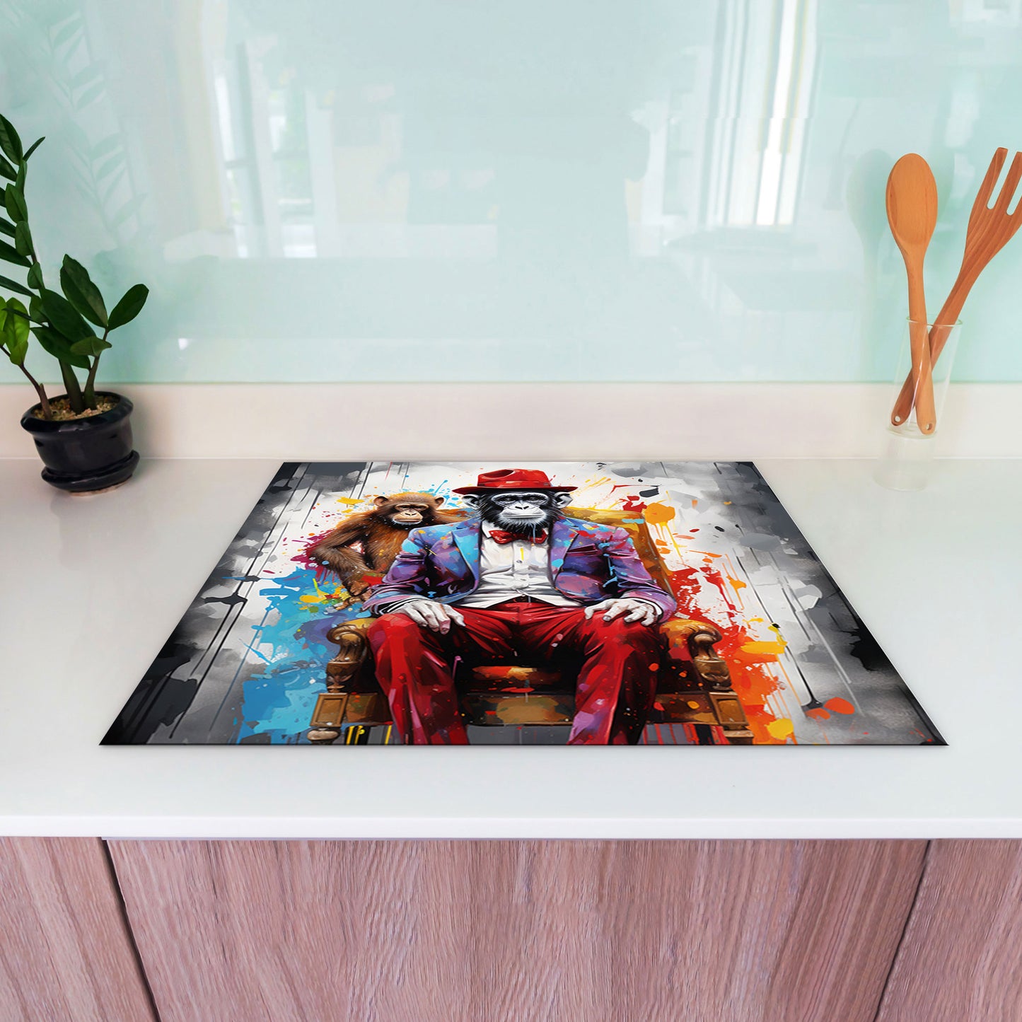 Pop Art Affe mit Hut Herdabdeckplatte Induktionsschutz für Ceranfeld & Küche Deko