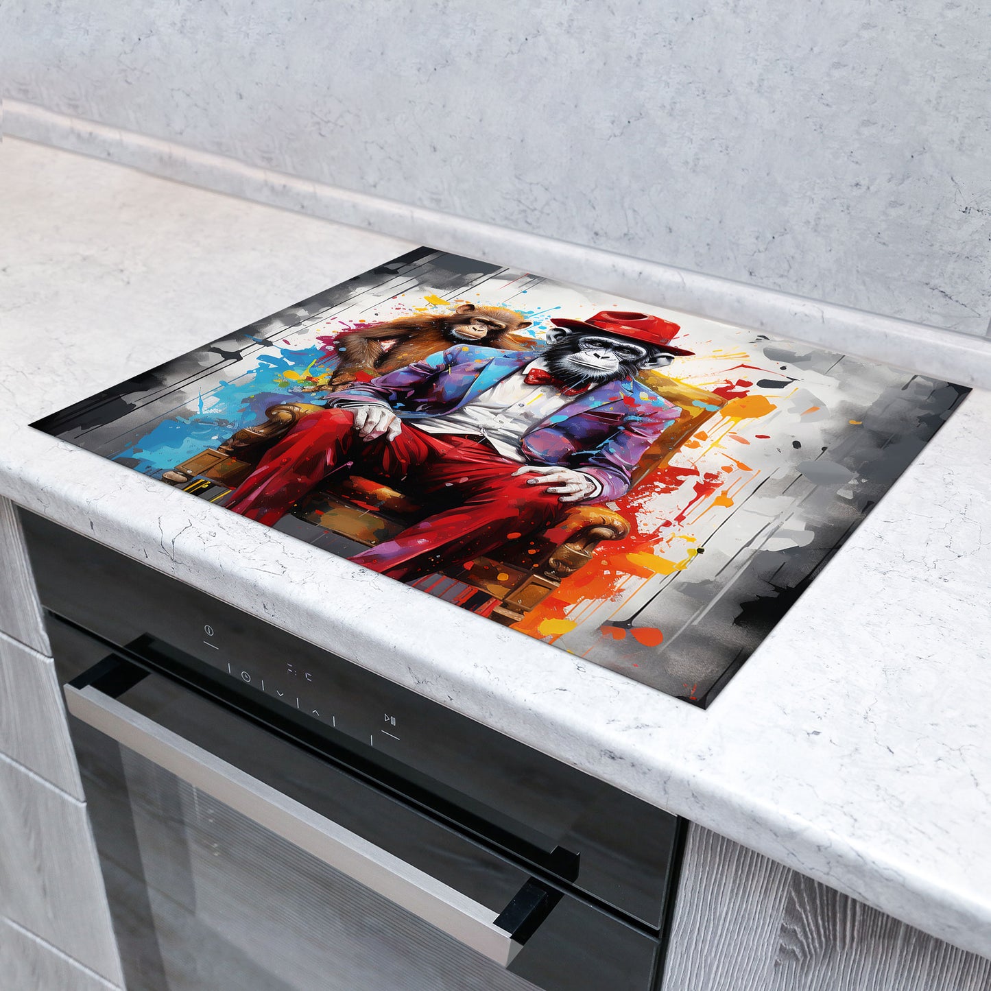 Pop Art Affe mit Hut Herdabdeckplatte Induktionsschutz für Ceranfeld & Küche Deko