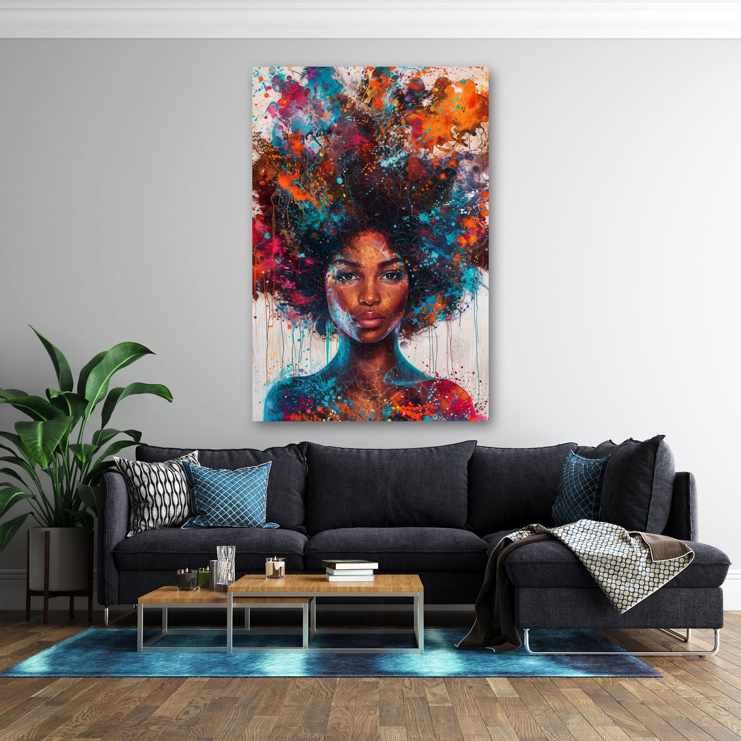 Pop Art afrikanisches Frauenporträt mit buntem Gesicht Wandbild
