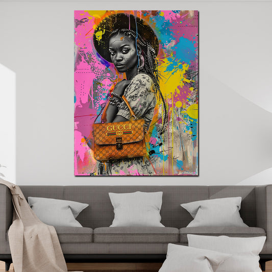 Pop Art afrikanische Schönheit mit Luxustasche Wandbild