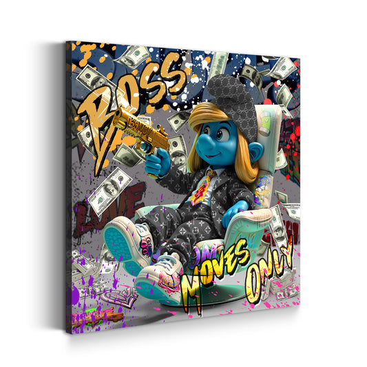 Pop Art blaue Comicfigur Boss Geld und Erfolg Wandbild