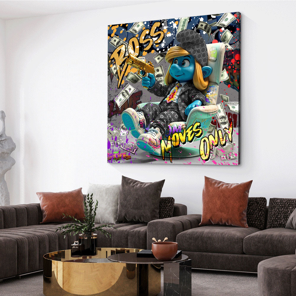 Pop Art blaue Comicfigur Boss Geld und Erfolg Wandbild