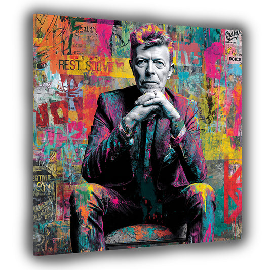 Pop Art Bowie Porträt im Anzug Farbkulisse Wandbild
