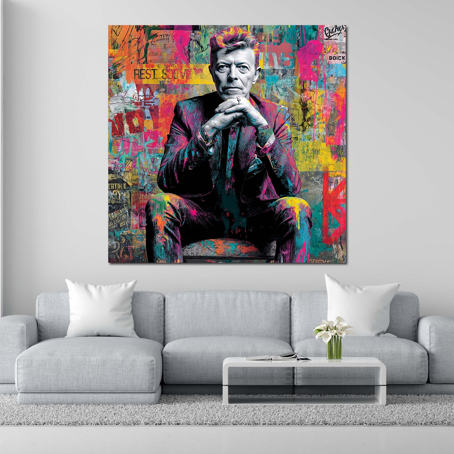 Pop Art Bowie Porträt im Anzug Farbkulisse Wandbild