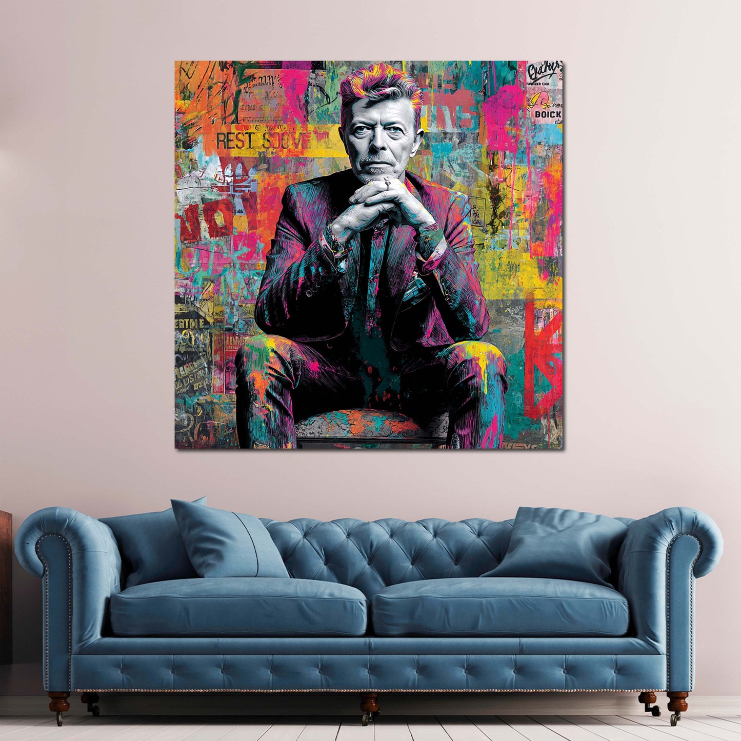 Pop Art Bowie Porträt im Anzug Farbkulisse Wandbild