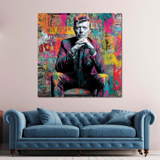 Pop Art Bowie Porträt im Anzug Farbkulisse Wandbild