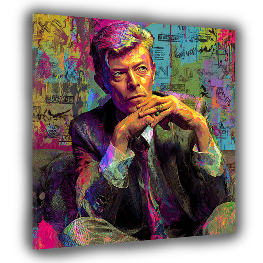 Pop Art Bowie Porträt im Anzug vor bunter Collage Wandbild